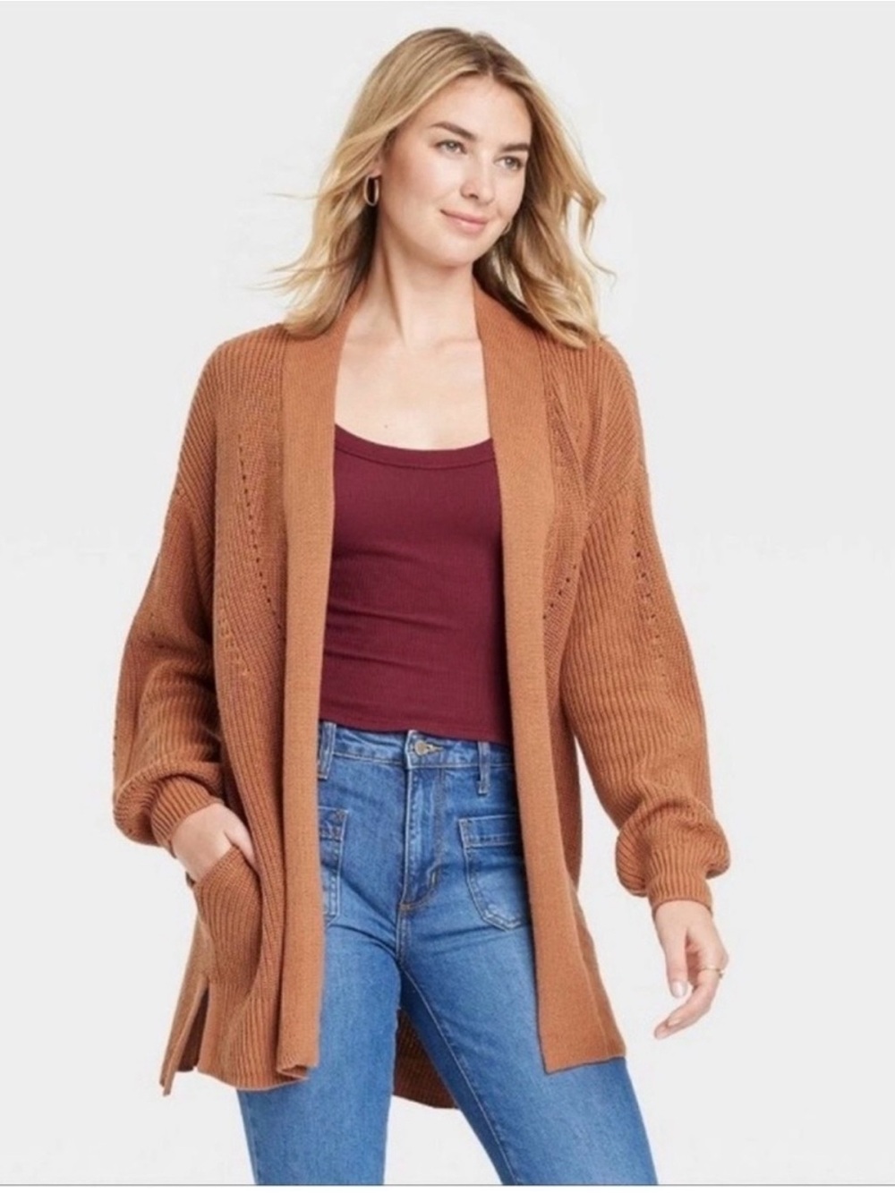 New Universal Thread Oversized Open-Front Rust Knit Cardigan Sweater
